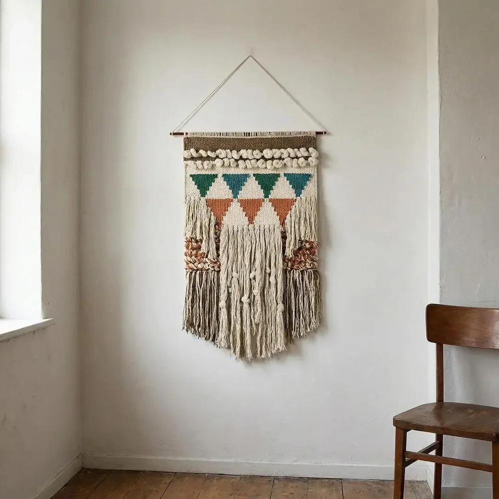 Bohemia Wall Hanging Decor | Boho Geometric Woven Textile with Layered Fringe &